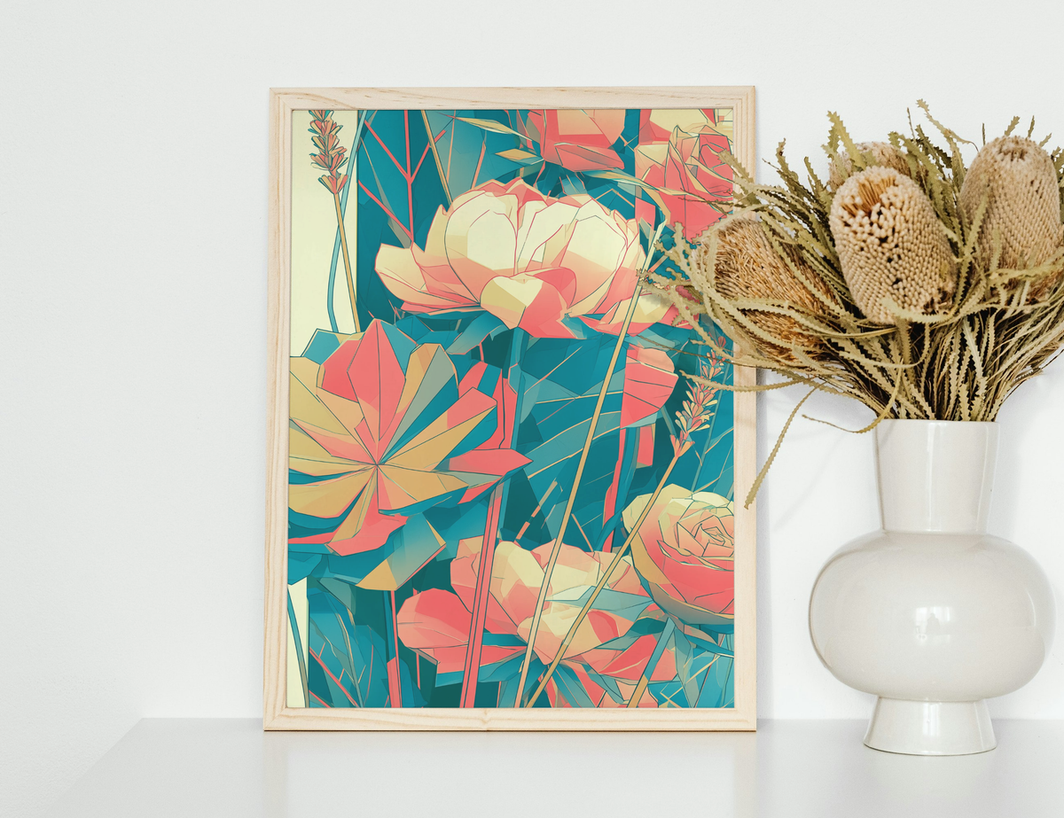 Geometric Coral & Teal Floral Art Print