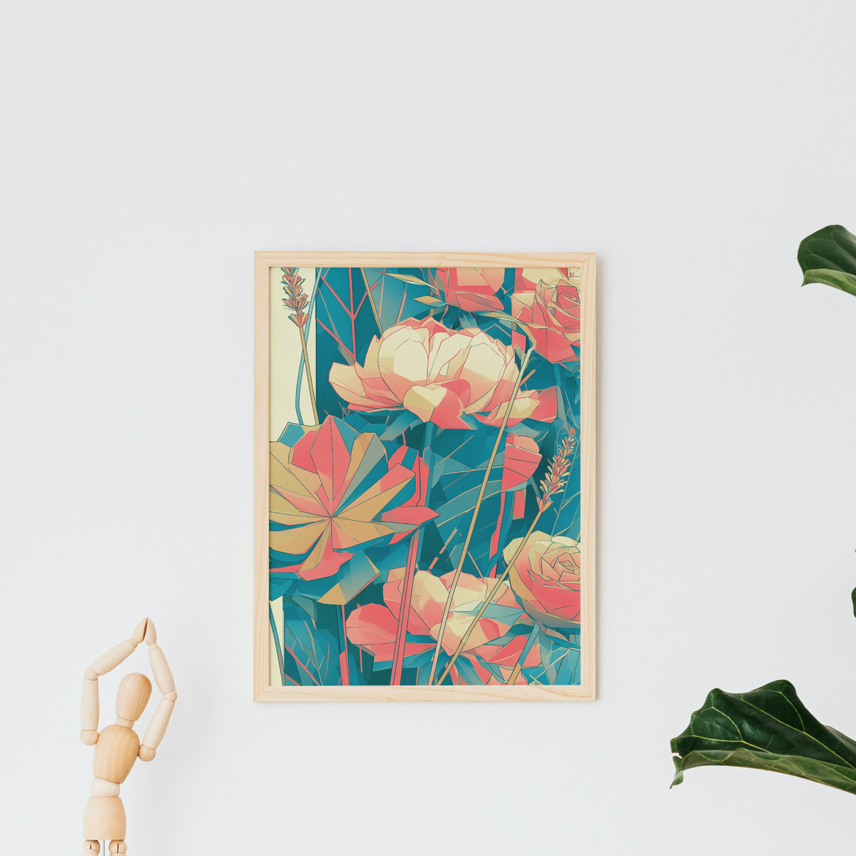 Geometric Coral & Teal Floral Art Print